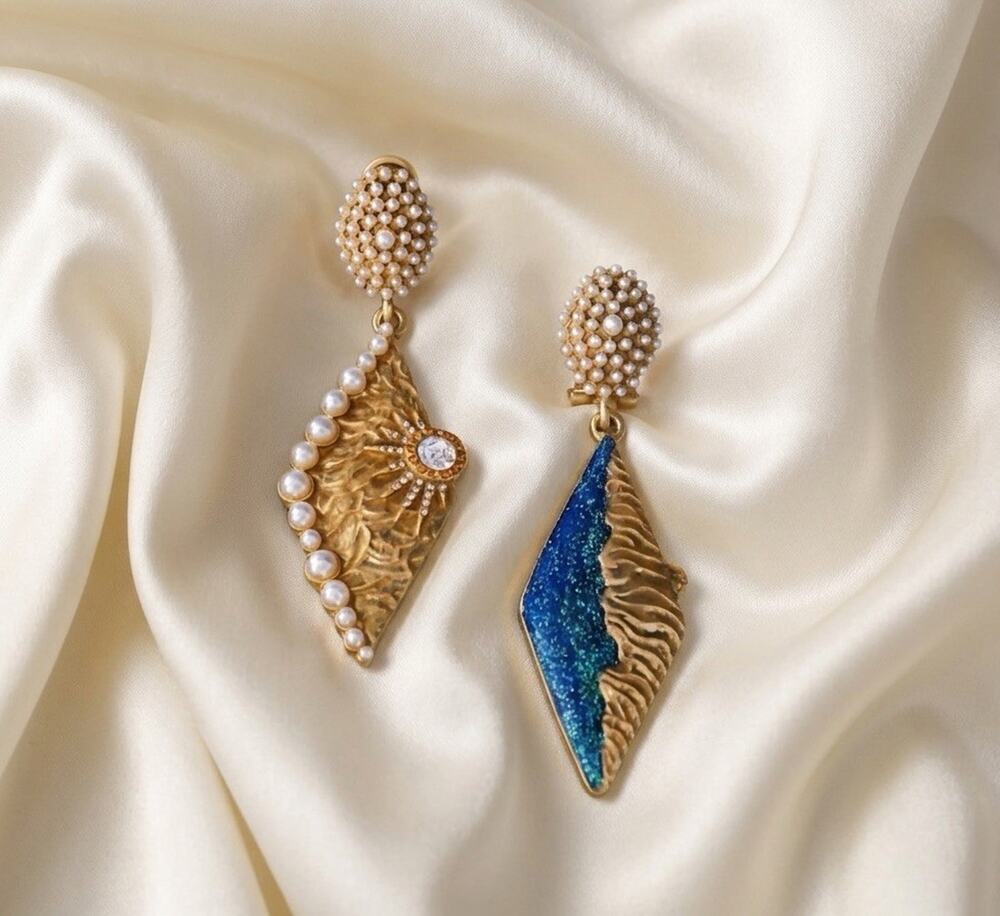 Art Deco Sun Star Pearl Celestial Earrings Mismatch Gold Court Museum VTG Boho